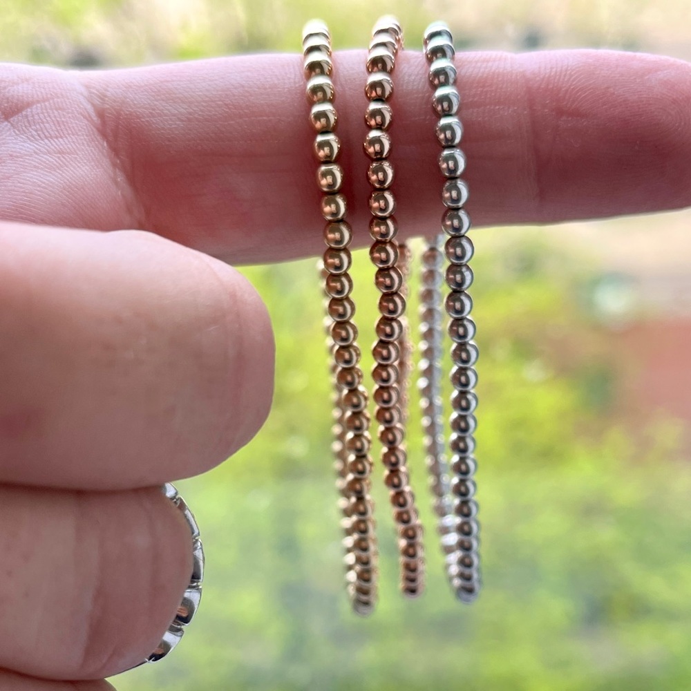 18K silver, rose and gold-filled 3 mm beaded bracelet . Wrist size 6.5.